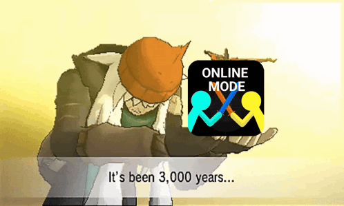 a cartoon character holding a sign that says online mode on it