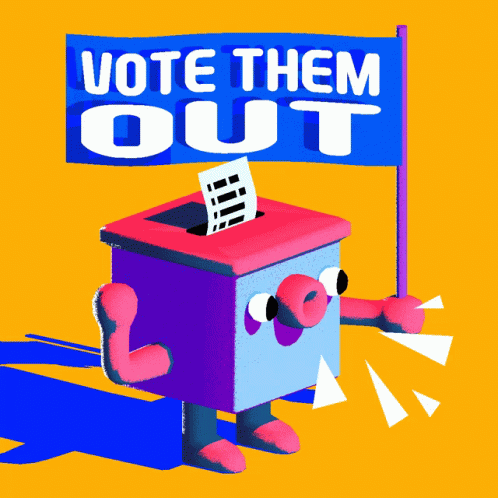 A Cartoon Character Holding A Sign That Says Vote Them Out Next To A Ballot Box GIF