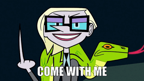 A Cartoon Character Holding A Snake With The Words Come With Me Below Him GIF