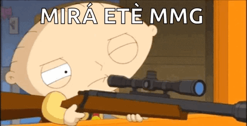 A Cartoon Character Holding A Sniper Rifle With The Words Mira Ete Mming Below Him GIF
