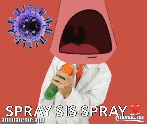 A Cartoon Character Holding A Spray Bottle With The Words Spray Sis Spray Written On The Bottom GIF