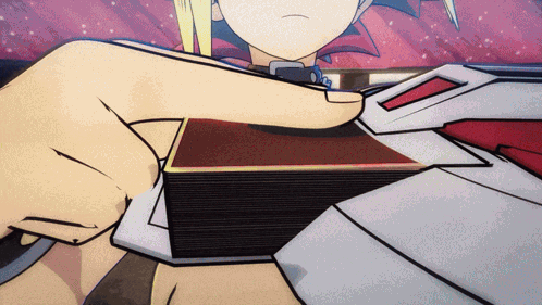 a cartoon character holding a stack of cards