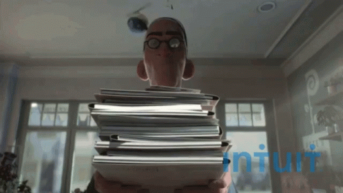 A Cartoon Character Holding A Stack Of Papers With The Word Intuitive In Blue GIF