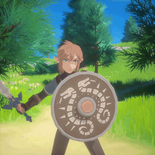 A Cartoon Character Holding A Sword And Shield GIF