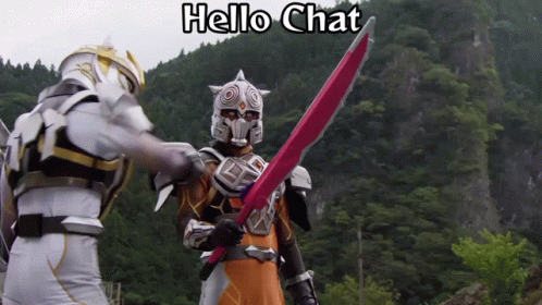 A Cartoon Character Holding A Sword With The Words Hello Chat Above Him GIF