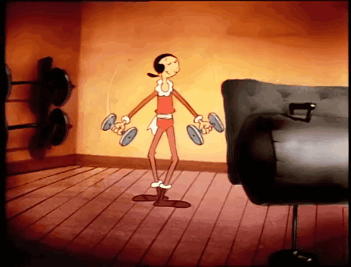 A Cartoon Character Holding Dumbbells In A Gym GIF