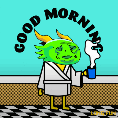 A Cartoon Character In A Bathrobe Holding A Cup Of Coffee With The Words Good Morning Written Around Him GIF