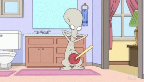 Cartoon Character In Bathroom With Plunger GIF