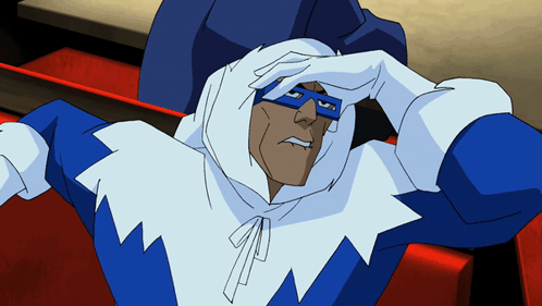 A Cartoon Character In A Blue And White Costume Is Covering His Face With His Hand GIF