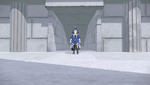 Cartoon In Blue And White Walking Through Tunnel GIF