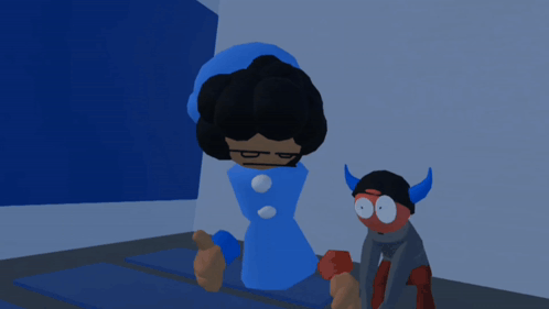 A Cartoon Character In A Blue Dress Is Standing Next To A Cartoon Character In A Red Hat GIF