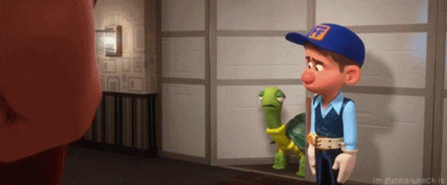 A Cartoon Character In A Blue Hat With The Letter F On It Standing Next To A Turtle GIF