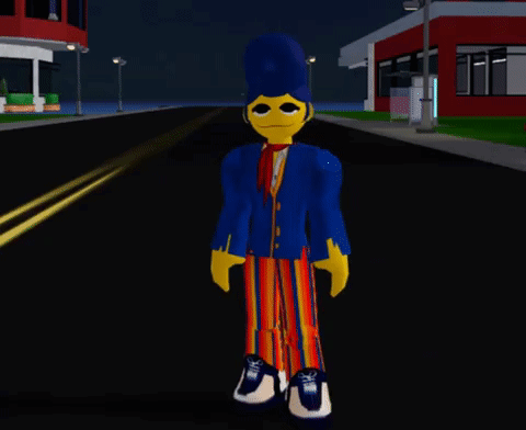 A Cartoon Character In A Blue Jacket And Striped Pants Is Standing On A Street GIF