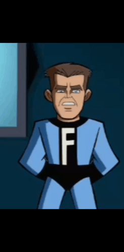 A Cartoon Character In A Blue Suit With The Letter F On His Chest GIF