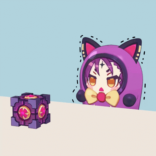 A Cartoon Character In A Cat Costume Is Looking At A Purple Cube GIF