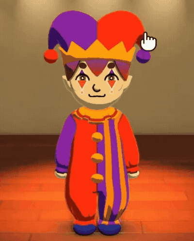 A Cartoon Character In A Clown Costume With A Purple Hat GIF