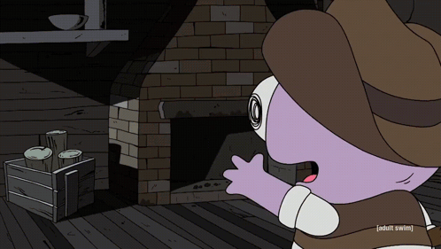 A Cartoon Character In A Cowboy Hat Stands In Front Of A Fireplace And Says Adult Swim At The Bottom GIF