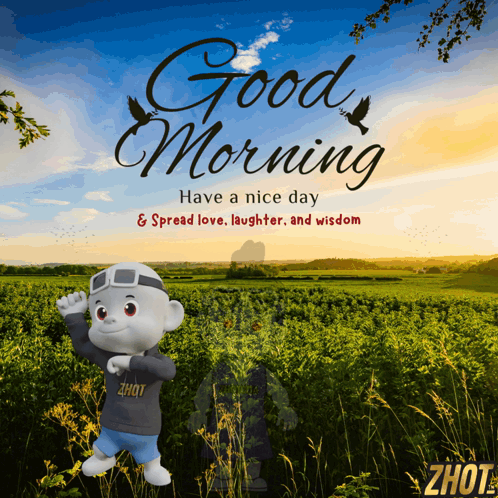 a cartoon character in a field with the words good morning have a nice day spread love laughter and wisdom