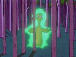 A Cartoon Character In A Forest With A Green Light Coming Out Of His Body GIF