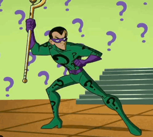 A Cartoon Character In A Green And Purple Costume Holds A Cane GIF