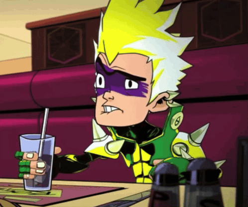 A Cartoon Character In A Green And Yellow Costume Holds A Glass With A Straw GIF