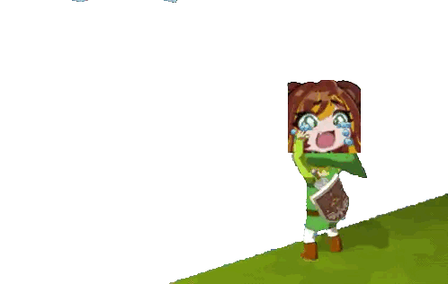 a cartoon character in a green outfit stands on a grassy hill