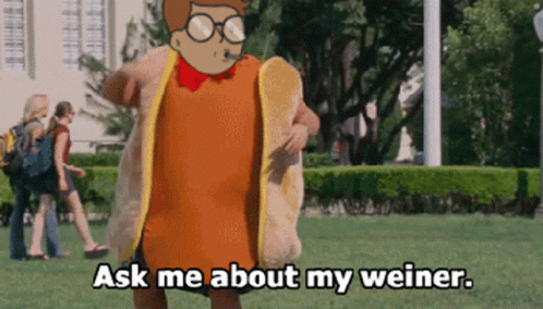A Cartoon Character In A Hot Dog Costume Says Ask Me About My Weiner GIF