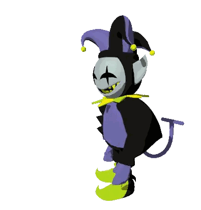a cartoon character in a jester costume is pointing at the camera