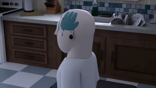 a cartoon character in a kitchen with a hand drawn on his head