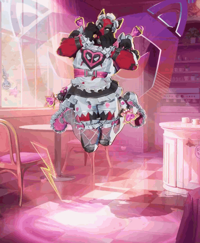 a cartoon character in a maid costume is jumping in the air
