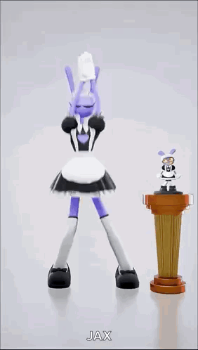 A Cartoon Character In A Maid Outfit Is Jumping In The Air Next To A Statue Of Jax GIF