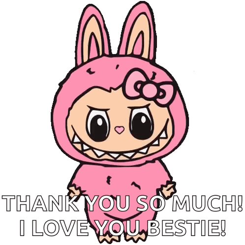 A Cartoon Character In A Pink Bunny Costume Is Saying Thank You So Much I Love You Bestie GIF