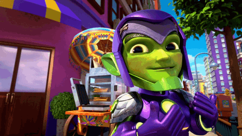 A Cartoon Character In A Purple And Green Costume GIF