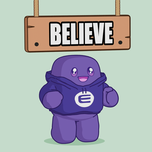 A Cartoon Character In A Purple Hoodie Stands Under A Wooden Sign That Says Believe GIF