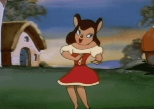 A Cartoon Character In A Red And White Dress Is Standing In A Field GIF
