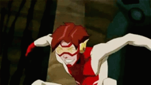 A Cartoon Character In A Red And White Outfit Is Flying Through The Air . GIF