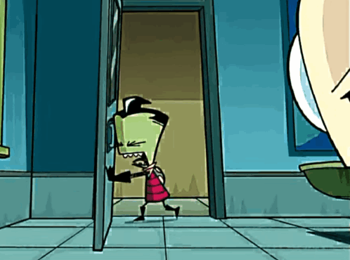 A Cartoon Character In A Red Dress Is Standing In A Hallway GIF