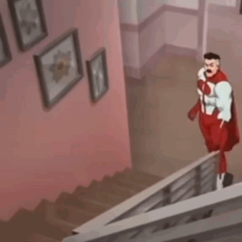 A Cartoon Character In A Red Superhero Costume Is Standing On Top Of A Set Of Stairs . GIF