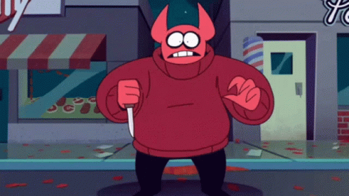 A Cartoon Character In A Red Sweater Is Holding A Large Knife GIF