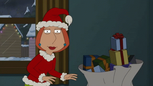 A Cartoon Character In A Santa Hat Stands Next To A Bag Of Gifts GIF