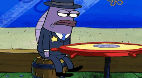 A Cartoon Character In A Sheriff 'S Uniform Sits On A Barrel Next To A Table GIF