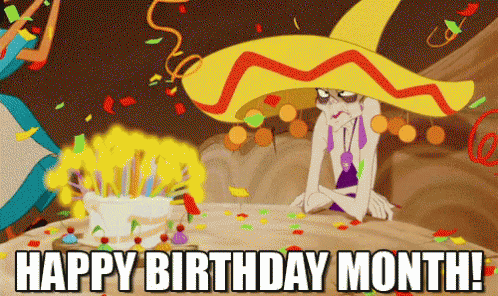 A Cartoon Character In A Sombrero Is Sitting In Front Of A Birthday Cake With The Words Happy Birthday Month Written Bel GIF