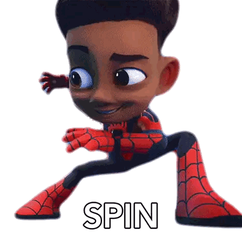 a cartoon character in a spider man costume with the word spin above him
