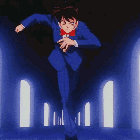 A Cartoon Character In A Suit And Bow Tie Is Running Through A Dark Tunnel . GIF