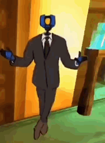 A Cartoon Character In A Suit And Tie Is Standing In A Hallway . GIF