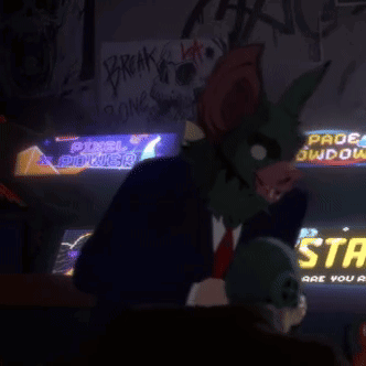 A Cartoon Character In A Suit And Tie Is Standing In Front Of A Space Showdown Sign GIF