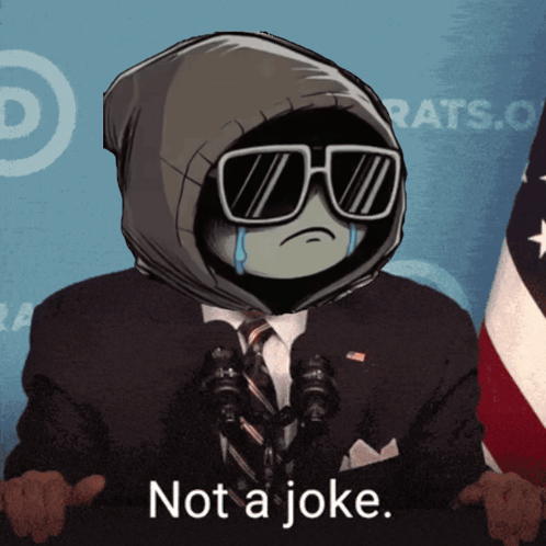 A Cartoon Character In A Suit And Tie Says " Not A Joke " In Front Of An American Flag GIF