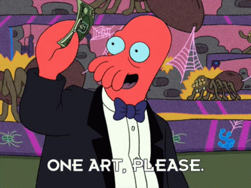 A Cartoon Character In A Tuxedo Is Holding A Dollar Bill And Says " One Art Please " GIF