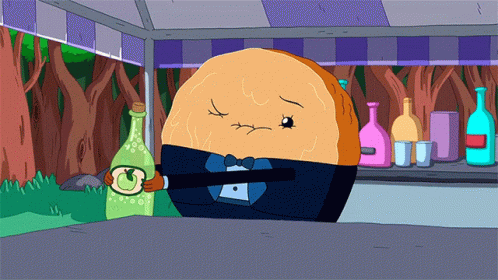 A Cartoon Character In A Tuxedo Is Holding A Piece Of Apple GIF