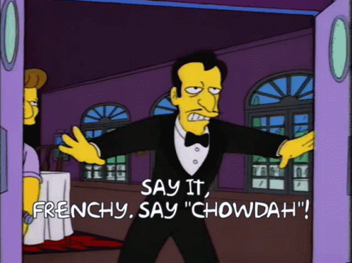A Cartoon Character In A Tuxedo Says " Say It Frenchy Say Chowdah " GIF
